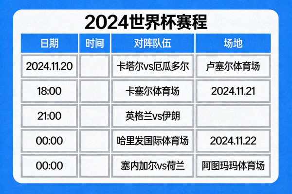 世界杯赛程表展示图，显示详细的日期、时间和对阵队伍